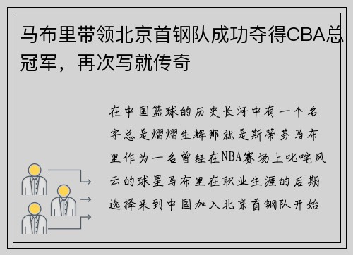 马布里带领北京首钢队成功夺得CBA总冠军，再次写就传奇